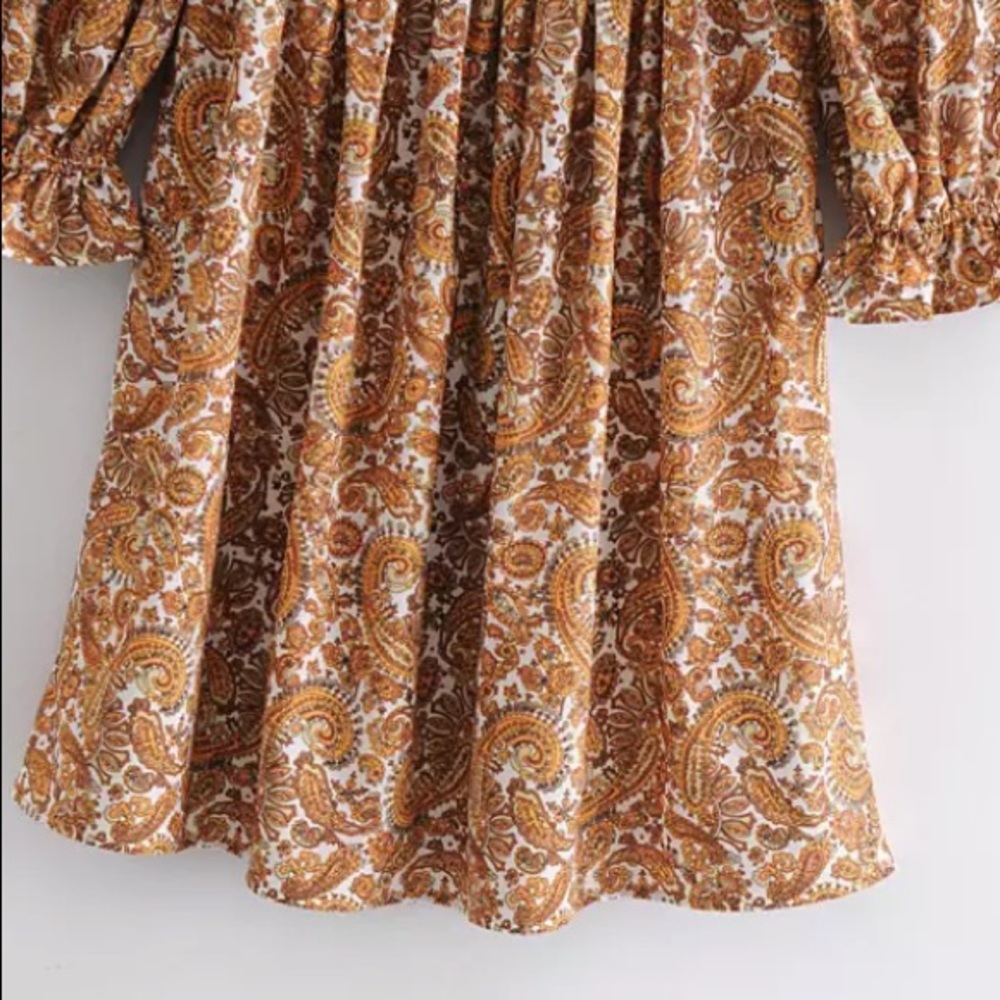 Retro Paisley Square Neck Smocked Boho Mini Dress - Picture 4 of 14